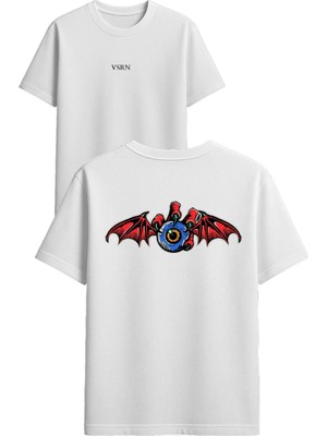 Vsrn Yarasa Göz Tasarım Baskılı Beyaz Oversize T Shirt