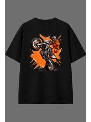 Vsrn Ön Kaldıran Motor Tasarım Arka Baskılı Siyah Oversize T Shirt