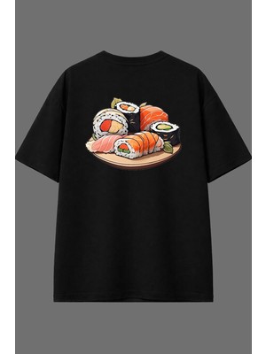 Vsrn Suşi Tabağı Tasarım Arka Baskılı Siyah Oversize T Shirt