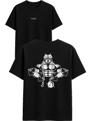 Vsrn Pitbull Kaslı Tasarım Baskılı Siyah Oversize T Shirt
