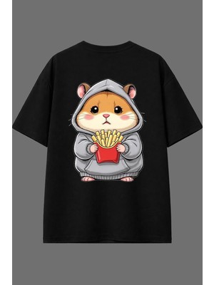 Vsrn Hamster Tasarım Arka Baskılı Siyah Oversize T Shirt