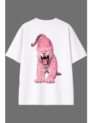 Vsrn Pembe Leopar Tasarım Arka Baskılı Beyaz Oversize T Shirt