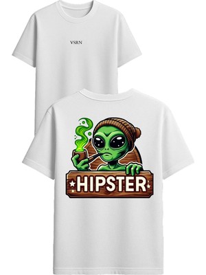 Vsrn Bereli Uzaylı Tasarım Baskılı Beyaz Oversize T-Shirt