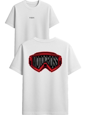 Vsrn Moto Gözlüğü Tasarım Baskılı Beyaz Oversize T-Shirt