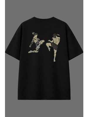 Vsrn Dövüşenler Tasarım Arka Baskılı Siyah Oversize T Shirt