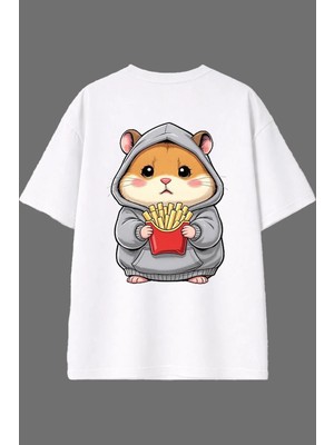 Vsrn Hamster Tasarım Arka Baskılı Beyaz Oversize T Shirt
