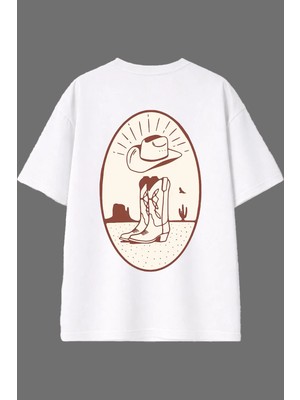 Vsrn Çizmeli Kadın Kovboy Tasarım Arka Baskılı Beyaz Oversize T Shirt