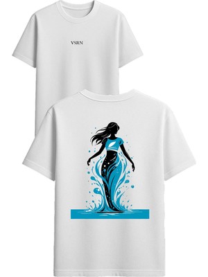 Vsrn Deniz Kızı Tasarım Baskılı Beyaz Oversize T Shirt