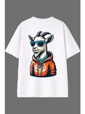 Vsrn Keçi 1 Tasarım Arka Baskılı Beyaz Oversize T Shirt
