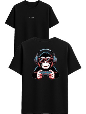 Vsrn Kulaklıklı Maymun Tasarım Baskılı Siyah Oversize T Shirt