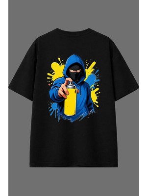 Vsrn Grafitici Mavi Tasarım Arka Baskılı Siyah Oversize T Shirt