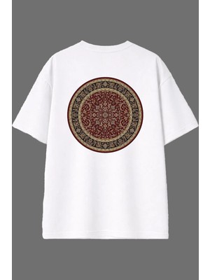 Vsrn Yuvarlak Halı Tasarım Arka Baskılı Beyaz Oversize T Shirt