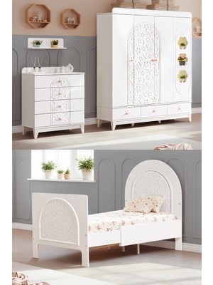 Setay Garden Çocuk Odası Takımı, Garden 4 Kapaklı Dolap, Garden Büyüyen Beşik, Şifonyer - Beyaz