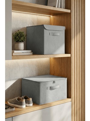 HomyJRs Homyjr’s 2’li Saklama Seti (Kare Kapaklı Kutu + Fermuarlı Destekli Hurç) Dolap Içi Organizer - Gri