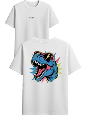 Vsrn Gözlüklü Trex Tasarım Baskılı Beyaz Oversize T-Shirt