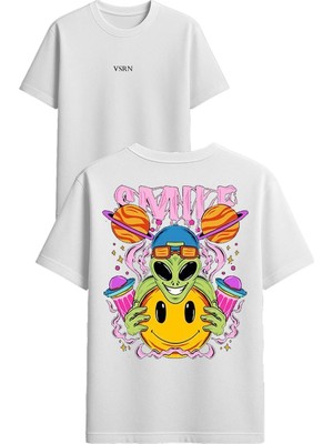 Vsrn Smıle Tasarım Baskılı Beyaz Oversize T Shirt