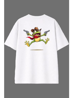 Vsrn Kovboy Kurbağa Tasarım Arka Baskılı Beyaz Oversize T Shirt