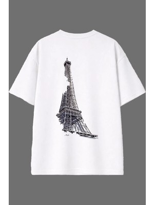 Vsrn Eyfel Tasarım Arka Baskılı Beyaz Oversize T Shirt