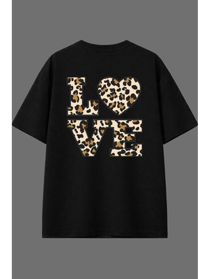 Vsrn Love Leopar 1 Tasarım Arka Baskılı Siyah Oversize T Shirt