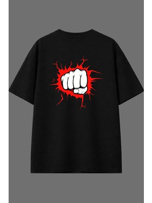 Vsrn Sert Yumruk Tasarım Arka Baskılı Siyah Oversize T Shirt