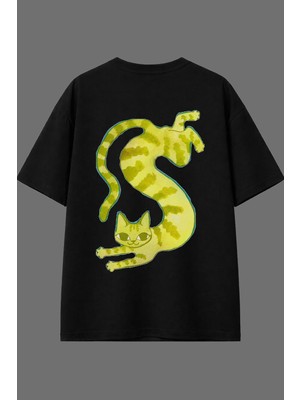 Vsrn Garip Kedi Tasarım Arka Baskılı Siyah Oversize T Shirt