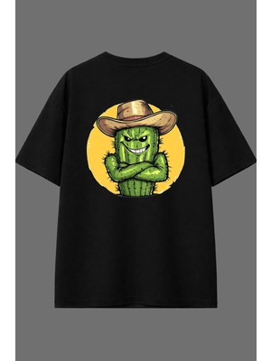 Vsrn Kaktüs Adam Tasarım Arka Baskılı Siyah Oversize T Shirt