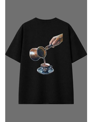 Vsrn Cezve Türk Kahvesi Tasarım Arka Baskılı Siyah Oversize T Shirt