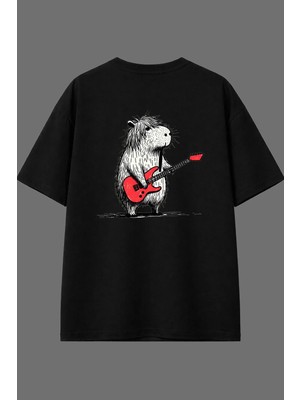 Vsrn Gitarist Capıbara Tasarım Arka Baskılı Siyah Oversize T Shirt