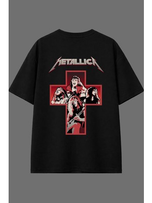 Vsrn Haç Rockçı Tasarım Arka Baskılı Siyah Oversize T Shirt