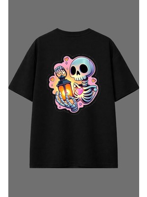 Vsrn Işıklı Iskelet Tasarım Arka Baskılı Siyah Oversize T Shirt