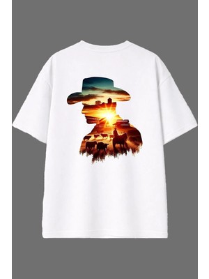 Vsrn Kovboy Hayatı Tasarım Arka Baskılı Beyaz Oversize T Shirt