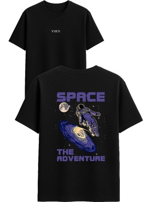 Vsrn The Adventure Space Tasarım Baskılı Siyah Oversize T Shirt