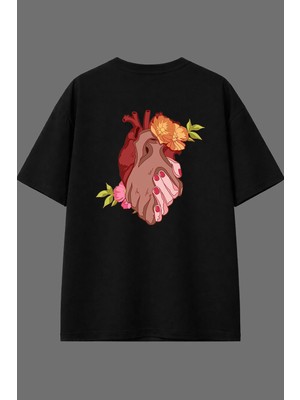 Vsrn Kalp El Tasarım Arka Baskılı Siyah Oversize T Shirt
