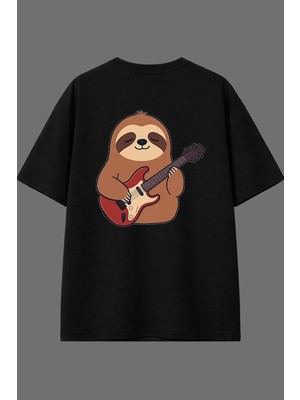 Vsrn Tembel Hayvan Tasarım Arka Baskılı Siyah Oversize T Shirt