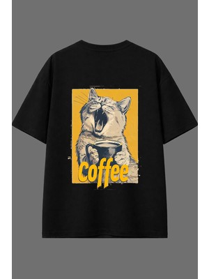 Vsrn Cat Coffee Tasarım Arka Baskılı Siyah Oversize T Shirt