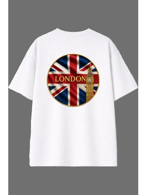 Vsrn London Bayrak Tasarım Arka Baskılı Beyaz Oversize T Shirt