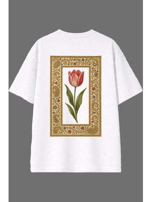 Vsrn Eski Gül Tasarım Arka Baskılı Beyaz Oversize T Shirt