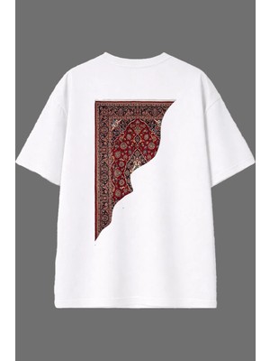 Vsrn Yarım Etnik Halı Tasarım Arka Baskılı Beyaz Oversize T Shirt