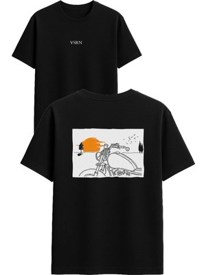 Vsrn Köylü Motor Tasarım Baskılı Siyah Oversize T Shirt