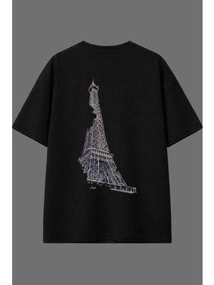 Vsrn Eyfel Tasarım Arka Baskılı Siyah Oversize T Shirt