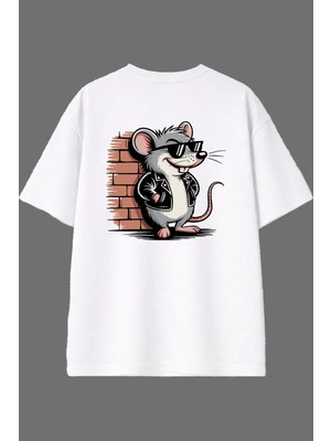 Vsrn Tehlikeli Fare Tasarım Arka Baskılı Beyaz Oversize T Shirt