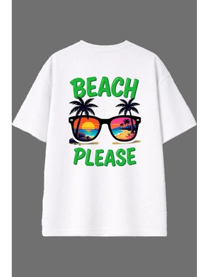 Vsrn Beach Please Tasarım Arka Baskılı Beyaz Oversize T Shirt