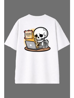 Vsrn Iskelet Korktu Tasarım Arka Baskılı Beyaz Oversize T Shirt