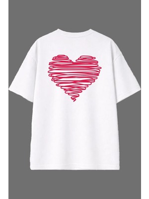 Vsrn Kalp Çizgileri Tasarım Arka Baskılı Beyaz Oversize T Shirt