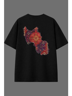 Vsrn Parçalı Etnik Halı Tasarım Arka Baskılı Siyah Oversize T Shirt
