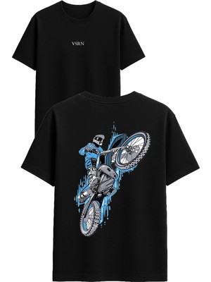Vsrn Mavi Cross Motor Tasarım Baskılı Siyah Oversize T Shirt