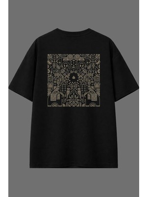 Vsrn Antik Çizimler Tasarım Arka Baskılı Siyah Oversize T Shirt