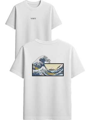 Vsrn Dalga Motifi Tasarım Baskılı Beyaz Oversize T-Shirt