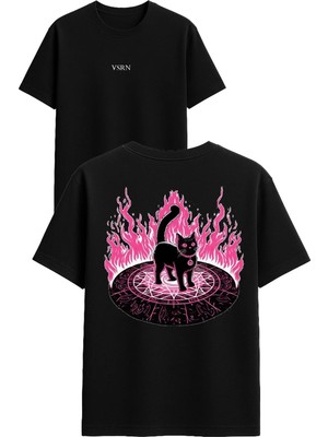 Vsrn Kedi Alevli Tasarım Baskılı Siyah Oversize T Shirt