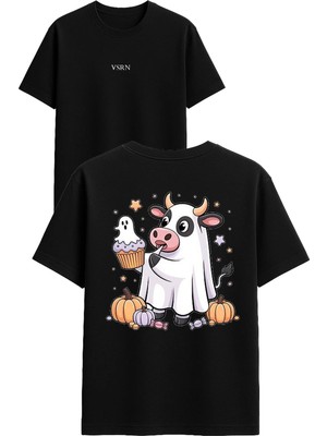 Vsrn Hayalet Inek Tasarım Baskılı Siyah Oversize T Shirt